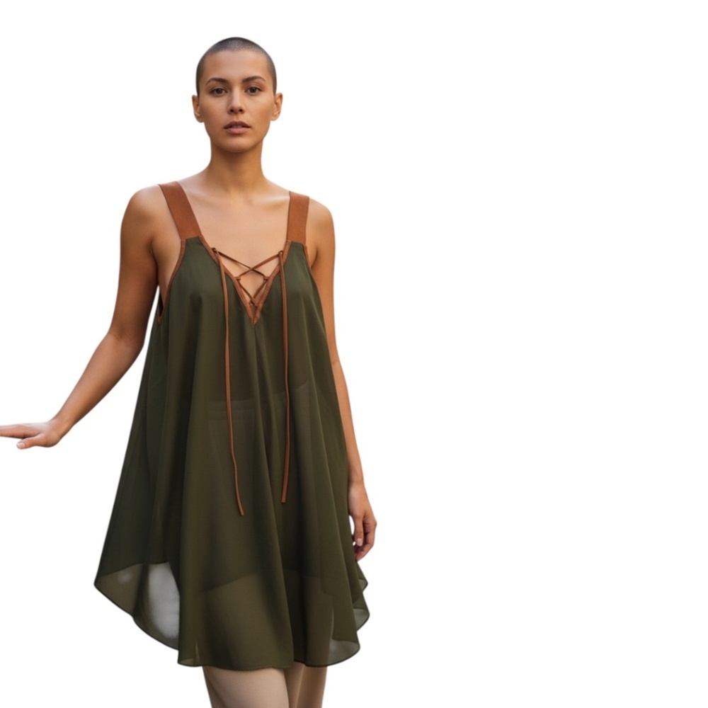 BELLE DU JOUR Women's 3X Brown Suede Sheer Cut Out Avocado Green Top, ( NWOT)